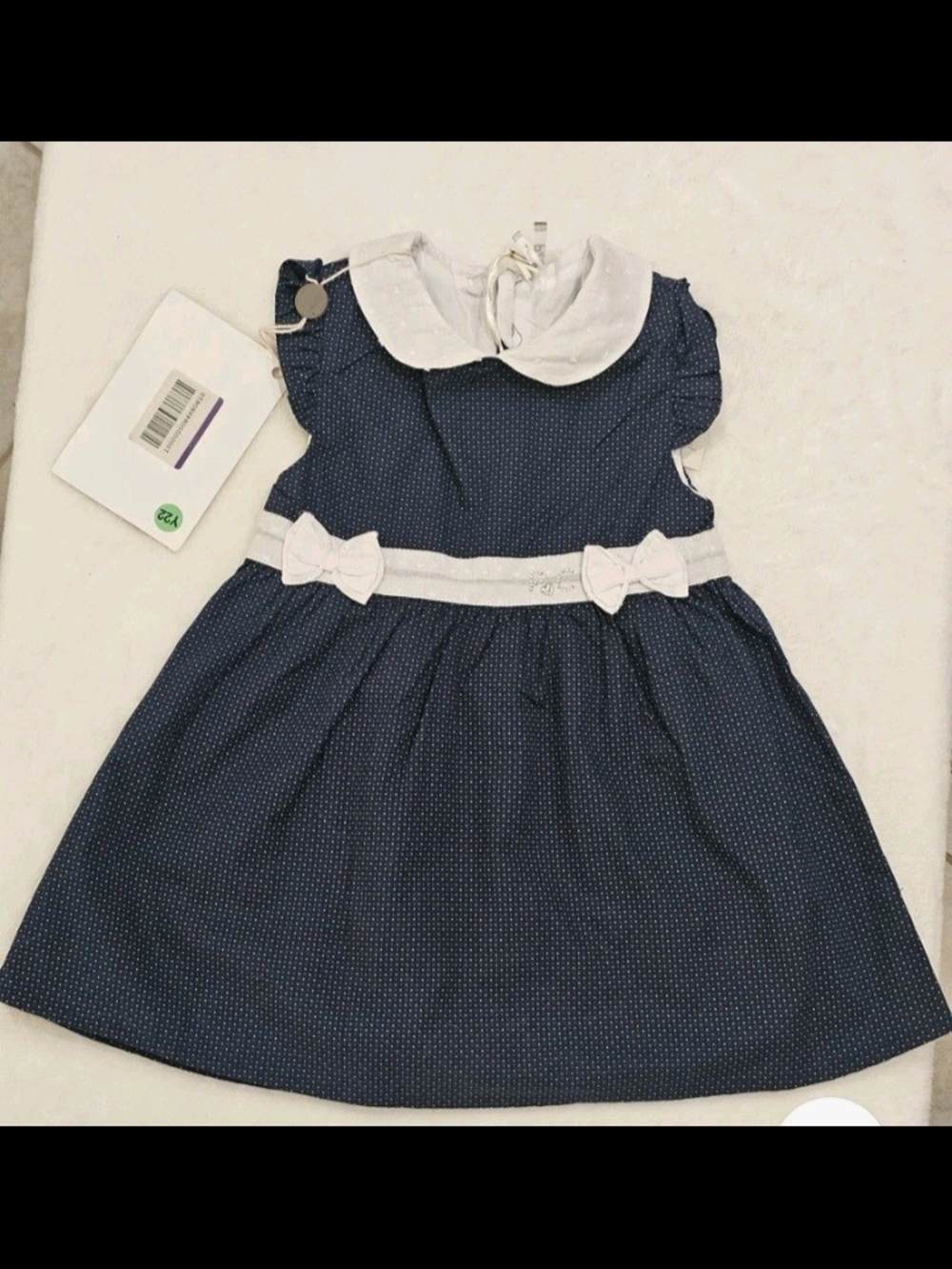 Navy Dot Dress with White Collar & Bow Accents for Girls